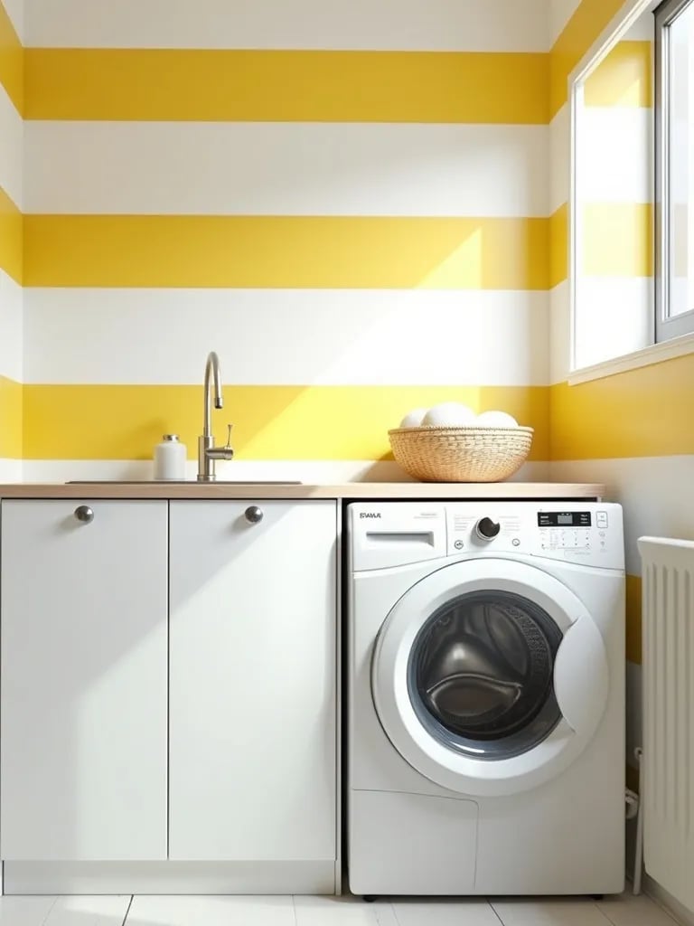 Bright laundry room with yellow striped wallpaper and modern appliances