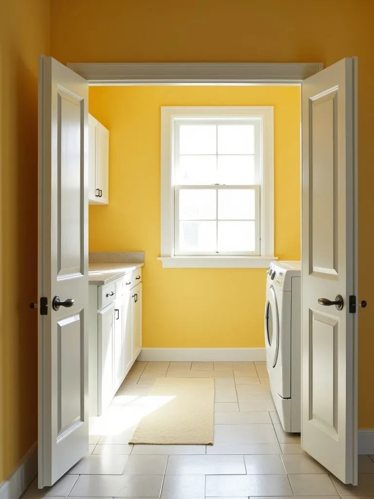 Bright laundry room with yellow walls and white cabinets bathed in natural light
