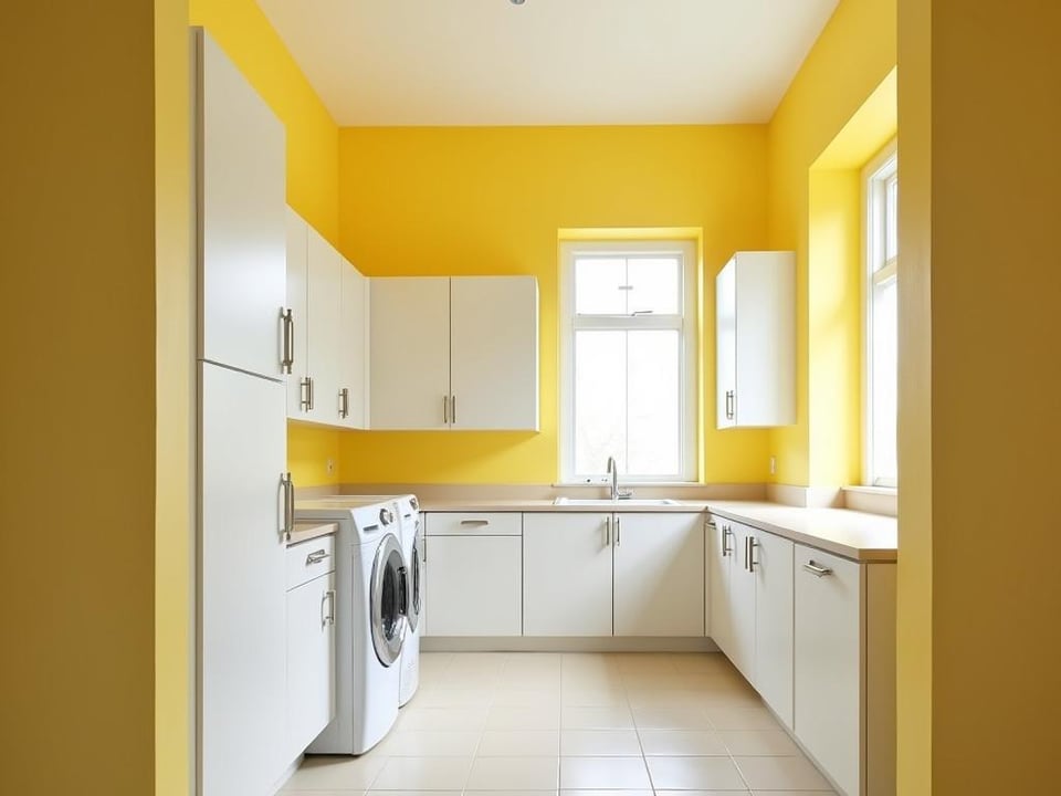 Bright laundry room with yellow walls, white cabinets, and natural light