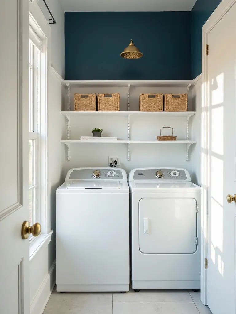 Bright laundry space featuring navy accent wall and brass details