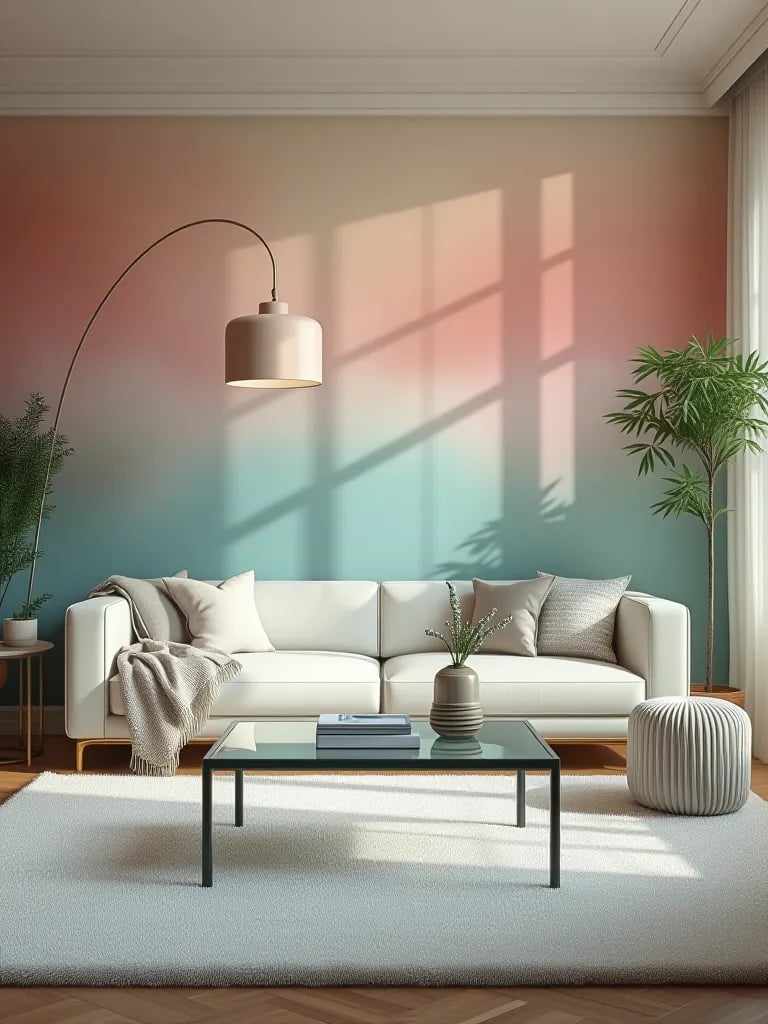 Bright living area featuring pastel ombre wallpaper and glass coffee table
