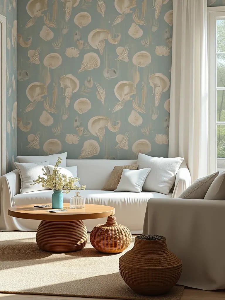 Bright living area with subtle beach themed wallpaper and woven accents