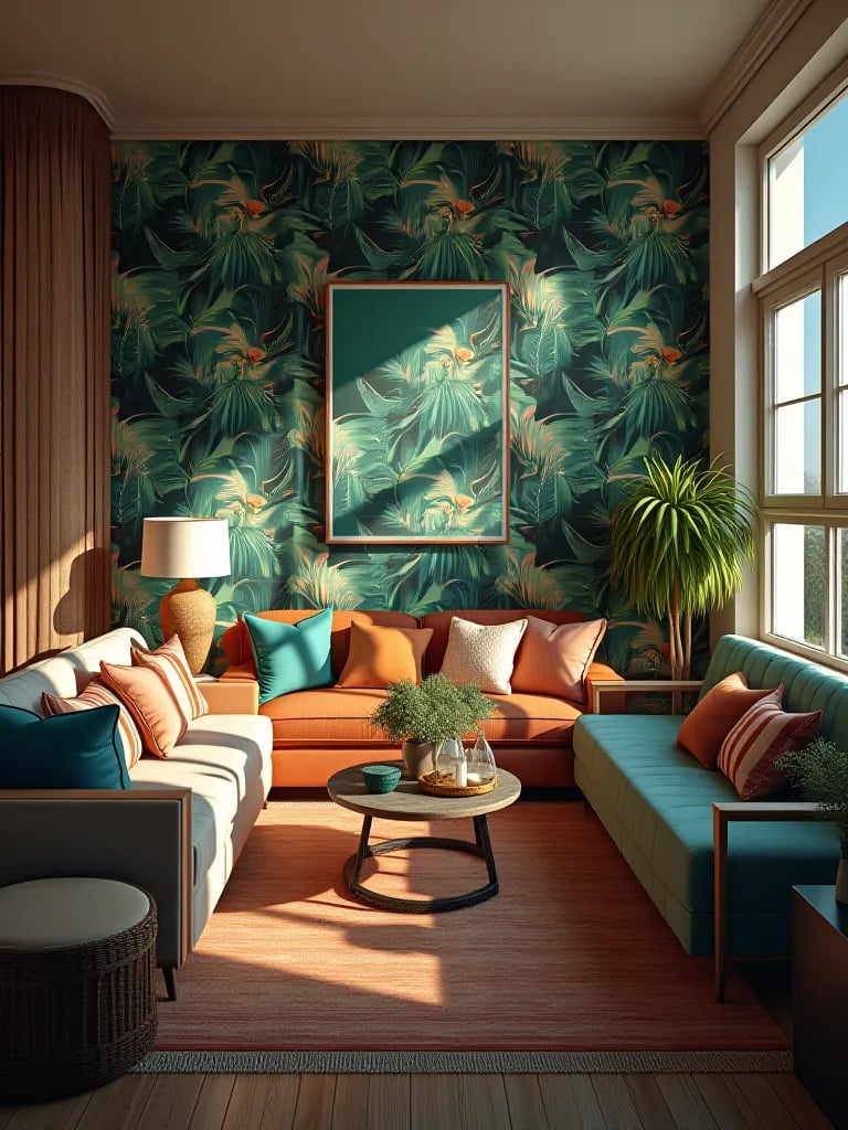 Bright living room featuring a lush tropical wallpaper accent wall and eclectic furnishings