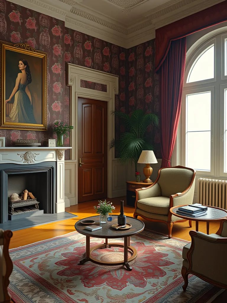 Bright living room showcasing mismatched patterns in wallpaper and textiles