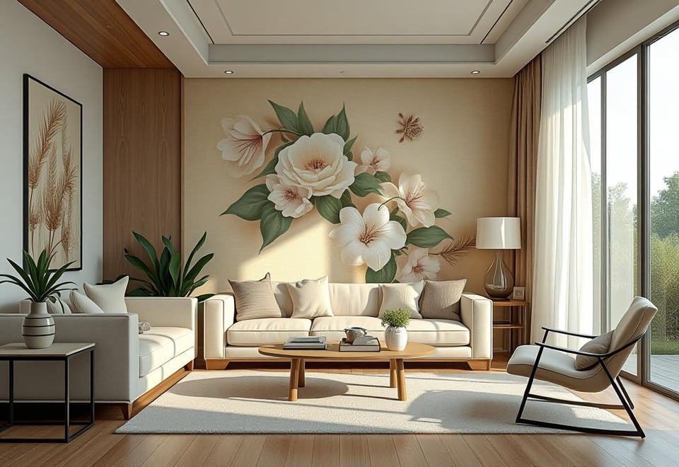 Bright living room with floral wallpaper accent wall and minimalist furniture
