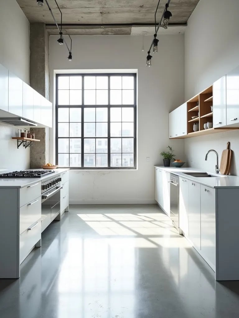 Bright loft style white kitchen with industrial elements