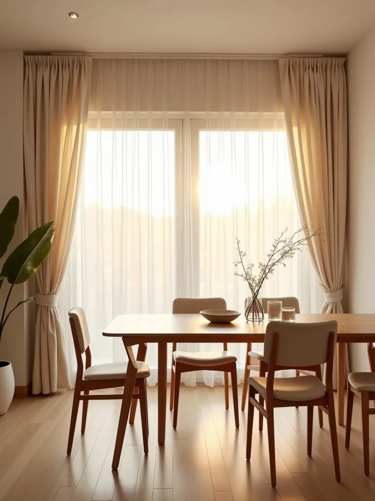 Bright, minimalist dining area with noise dampening laminate flooring