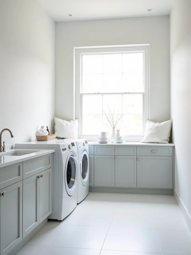 Bright minimalist laundry room with white walls and gray cabinets