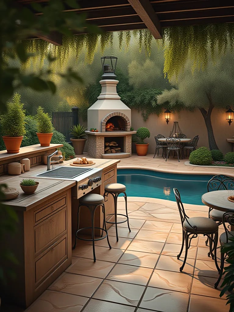 Bright outdoor kitchen with wood fired oven and wrought iron furniture by pool