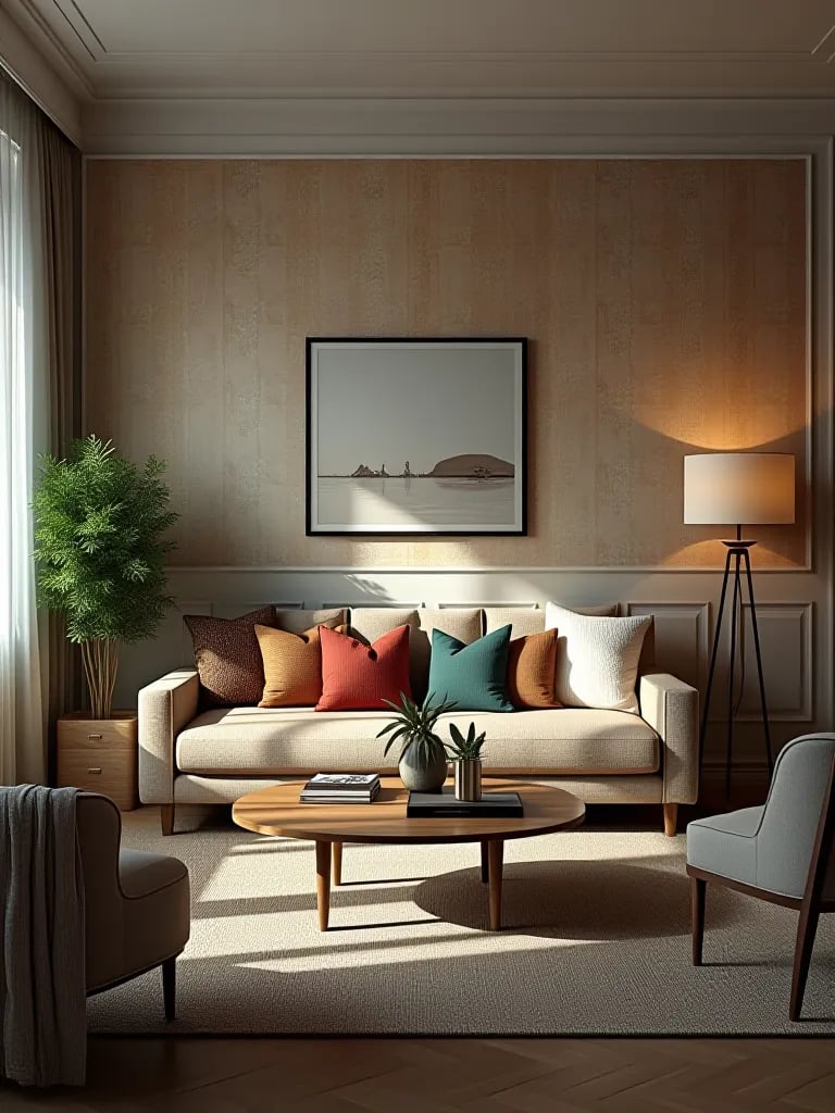 Bright room showcasing contrast between dated wallpaper and contemporary decor