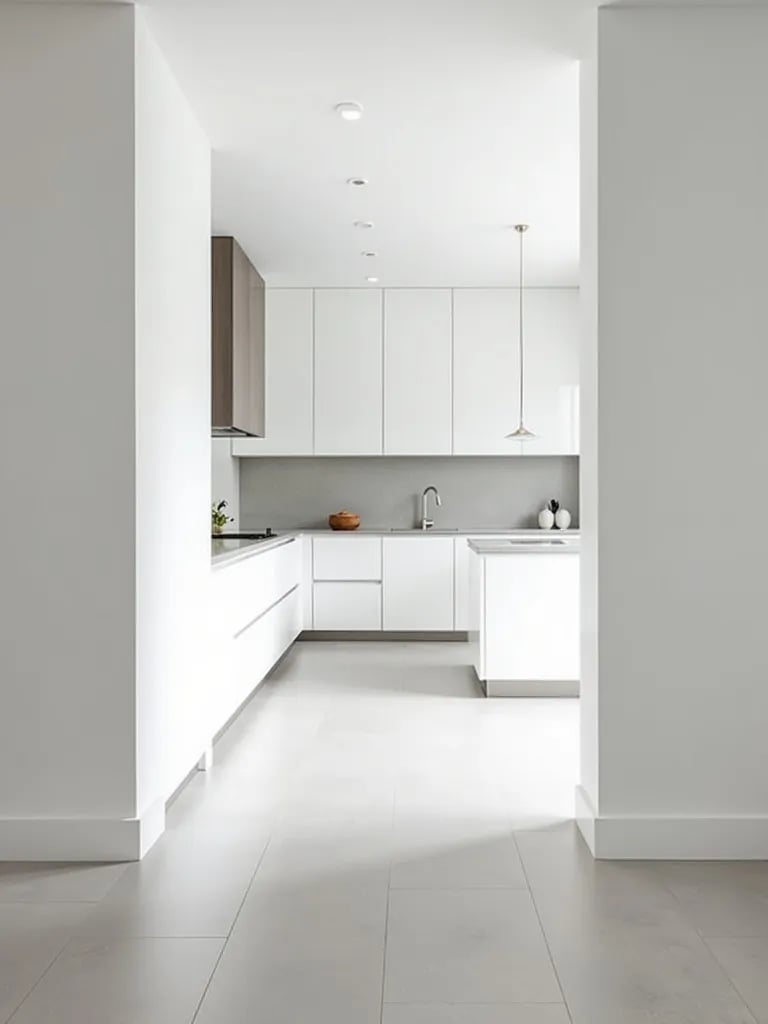 Bright white kitchen featuring expansive light grey tile flooring