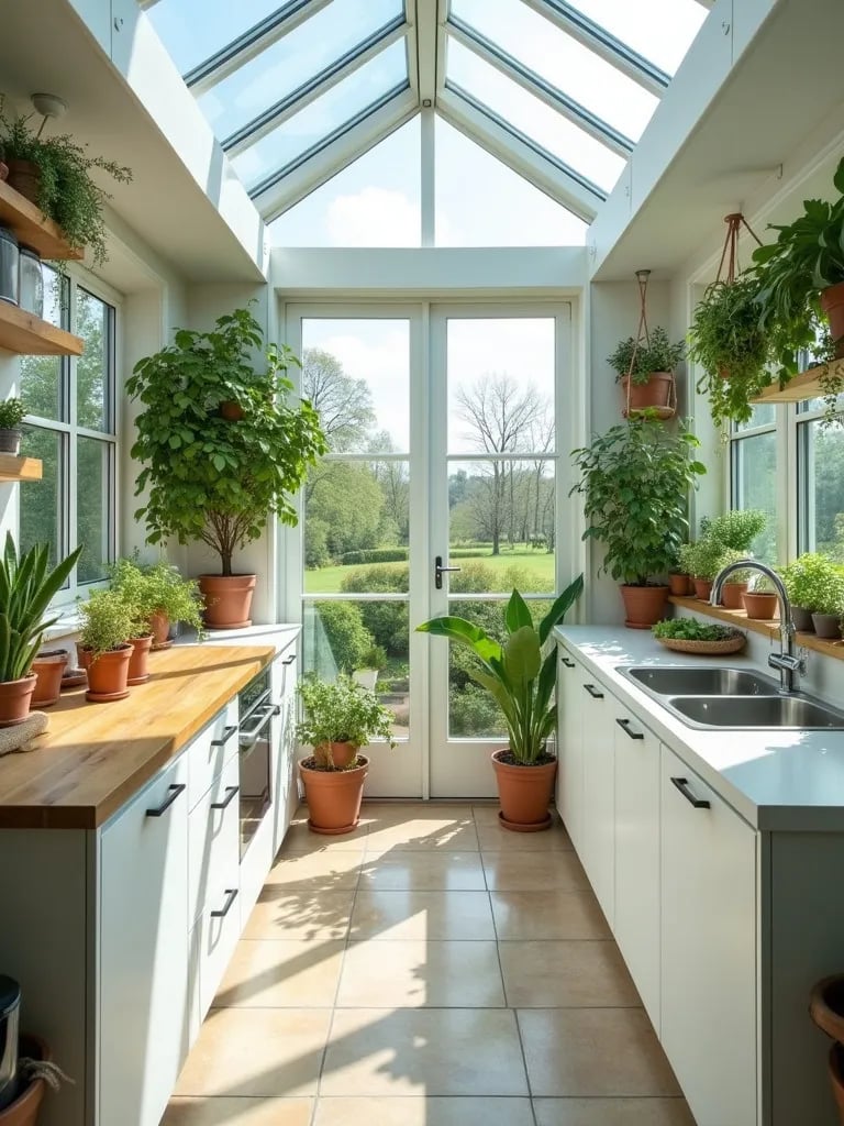 Bright white kitchen featuring glass roof, indoor plants, and stone flooring