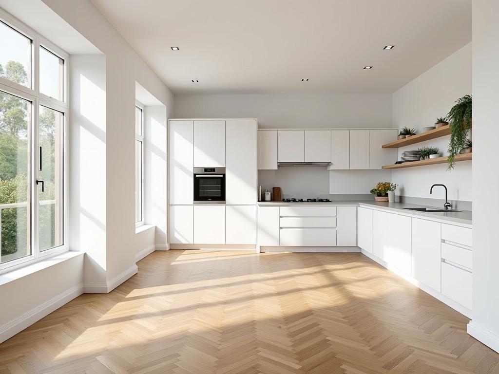 Bright white kitchen featuring herringbone wood floors