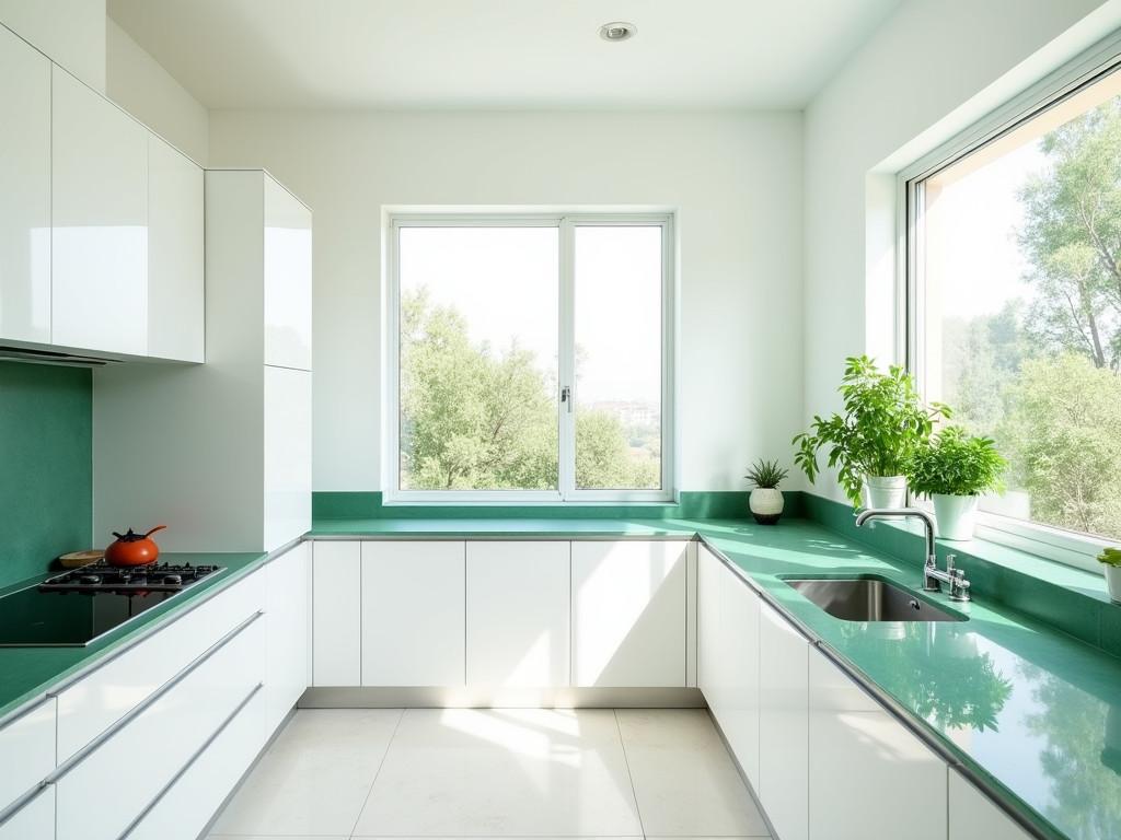 Bright white kitchen with emerald green quartz countertops