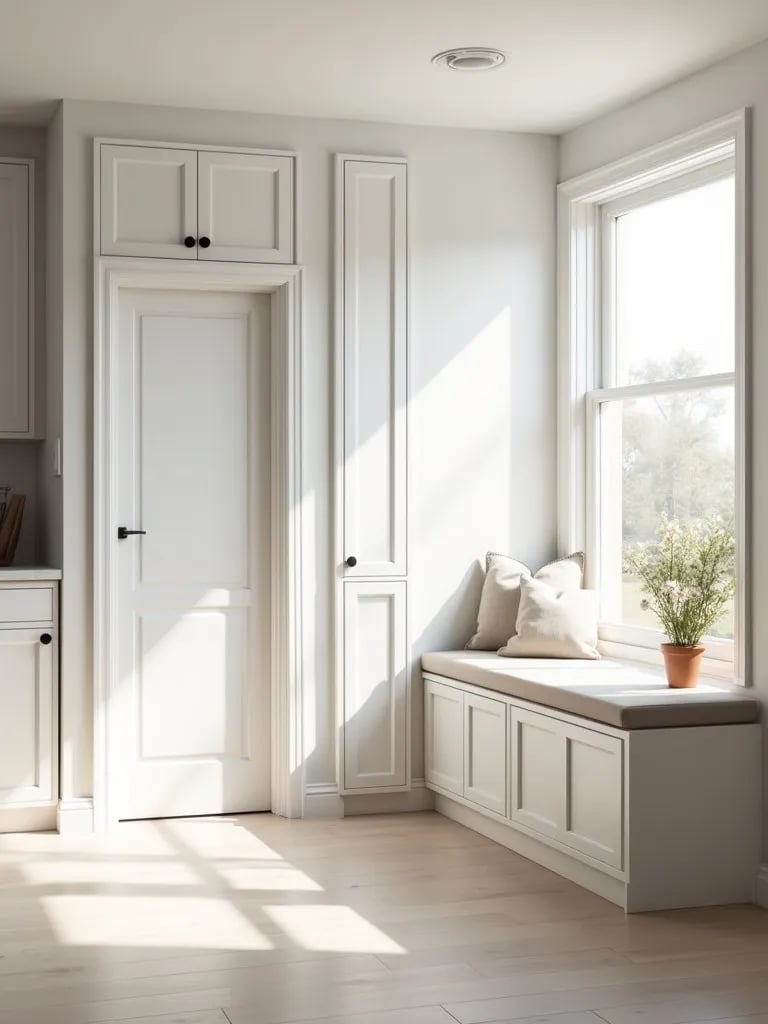 Bright white kitchen with floor to ceiling cabinets and breakfast nook