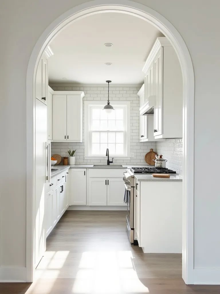 Bright white kitchen with floor to ceiling subway tile backsplash and pot filler