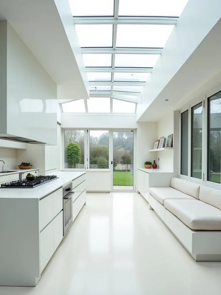 Bright white kitchen with glass ceiling and built in breakfast nook