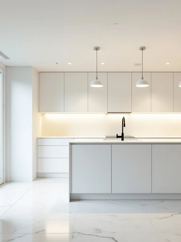 Bright white kitchen with island and varied lighting fixtures