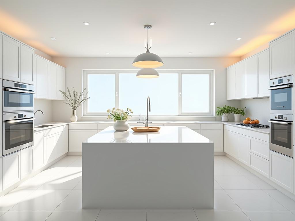 Bright white kitchen with island and various lighting fixtures