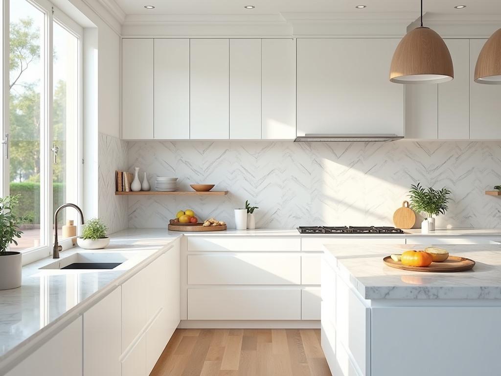 Bright white kitchen with marble herringbone backsplash and sunlit windows