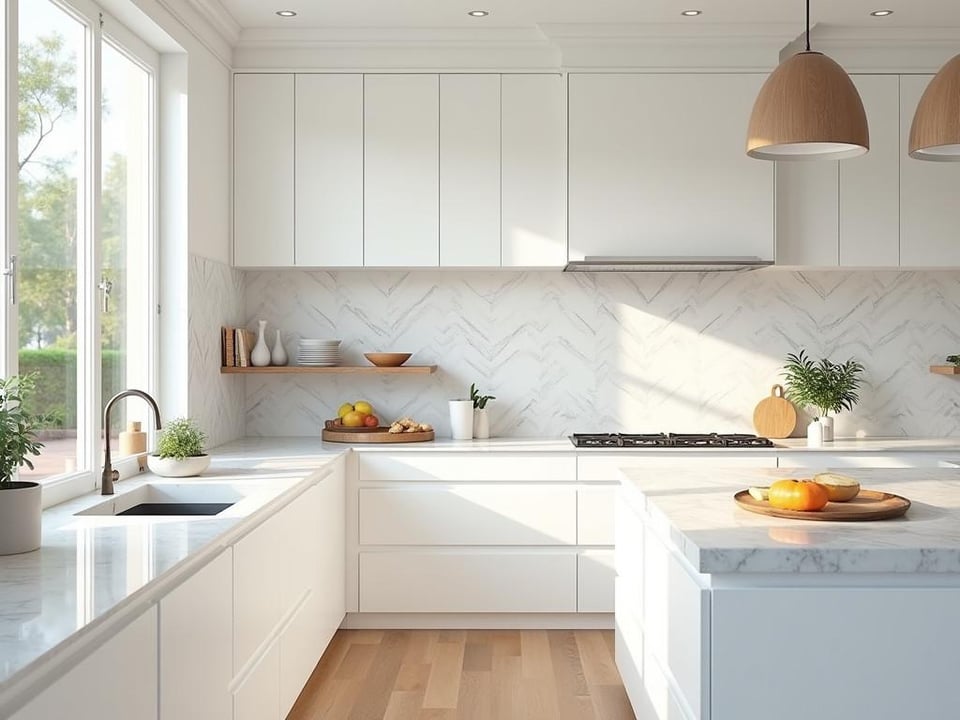 Bright white kitchen with marble herringbone backsplash and sunlit windows