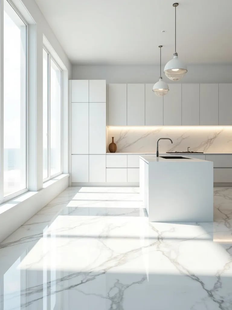 Bright white kitchen with reflective marble flooring and large windows