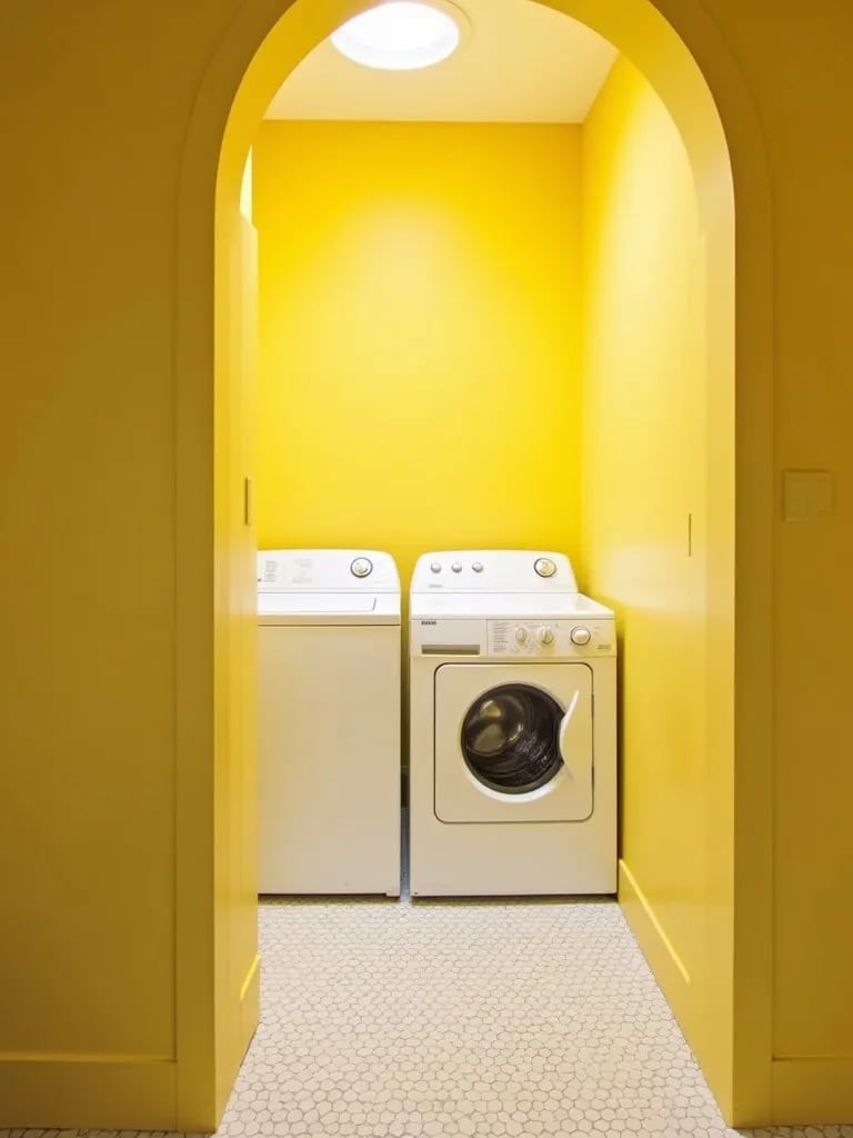 Bright yellow laundry room with white appliances and patterned floor