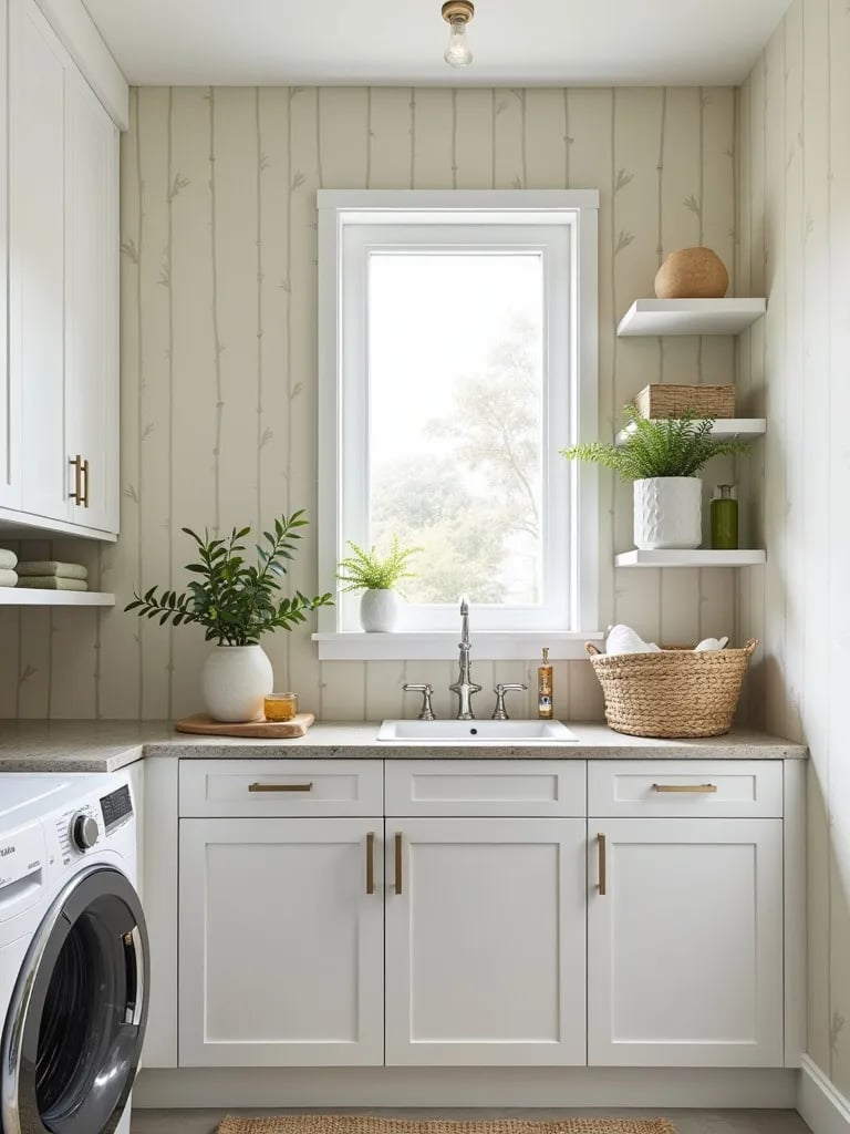 Calm laundry room featuring bamboo wallpaper and minimalist organization
