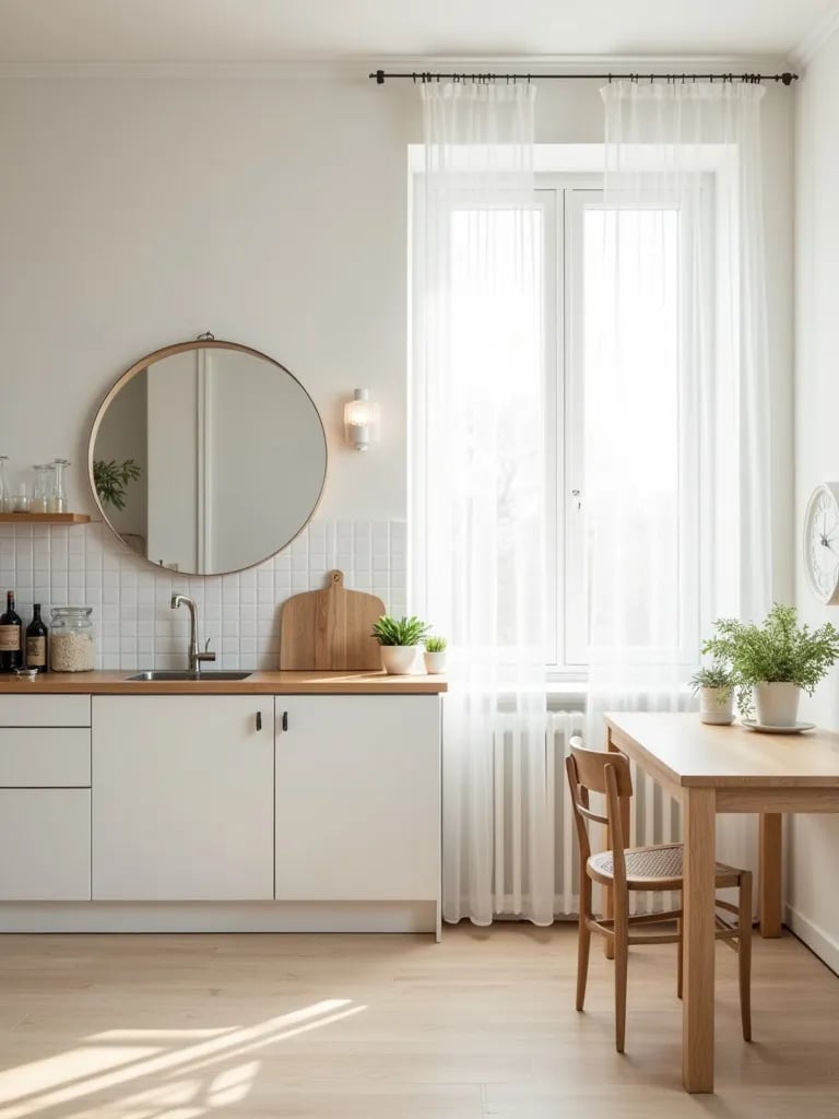 Calm white kitchen with Scandinavian elements and soft morning light
