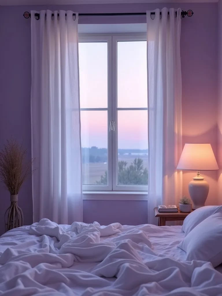 Calming bedroom featuring lavender walls and twilight ambiance
