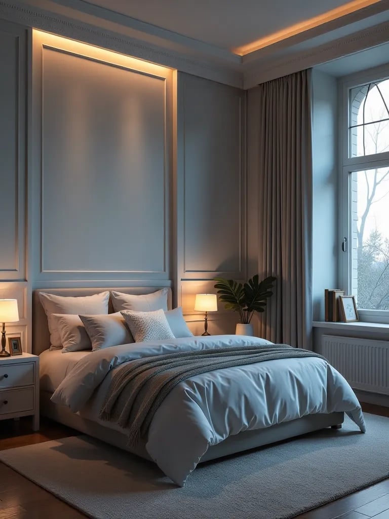 Calming bedroom with built in cabinet wall in muted colors at dusk