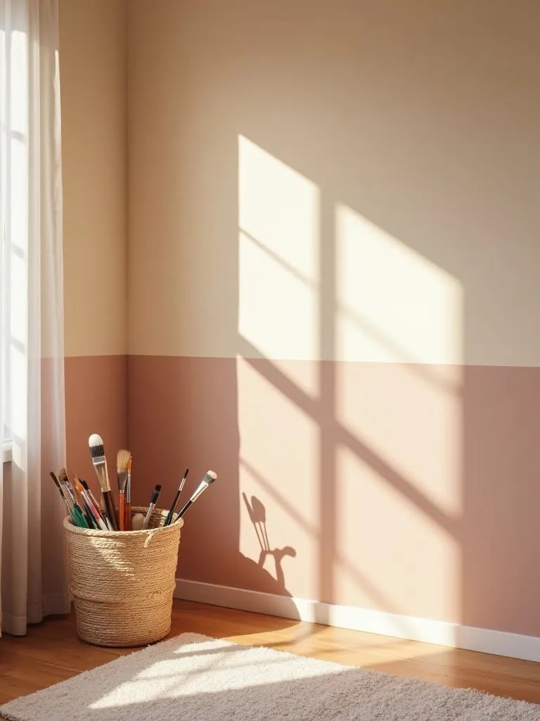Calming bedroom with color blocked walls in soft, complementary hues