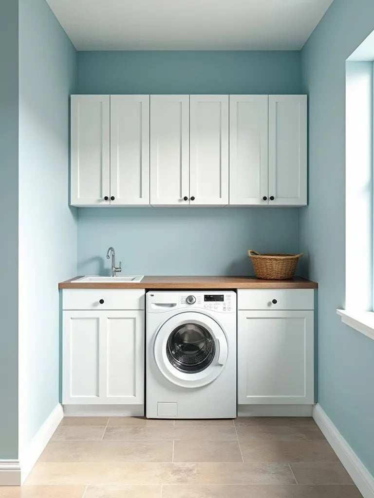Calming blue laundry room with natural wood accents