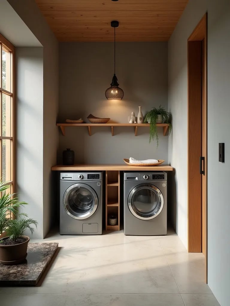 Calming gray laundry room with zen elements and peaceful layout