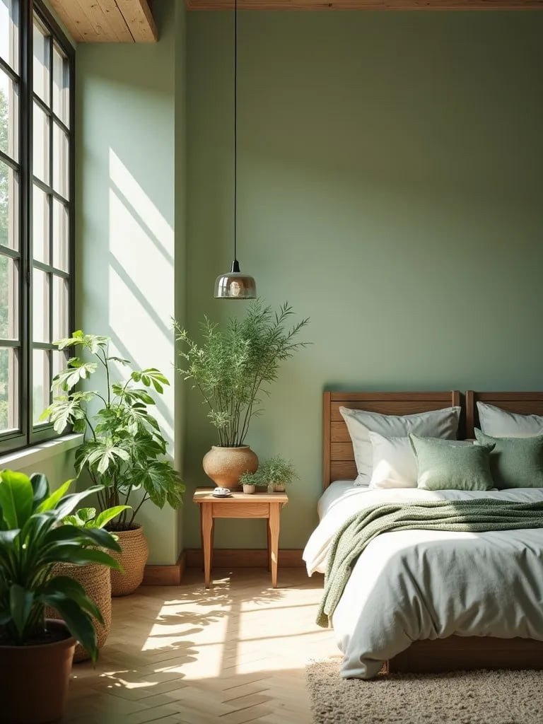 Calming green bedroom with plants and natural wood elements
