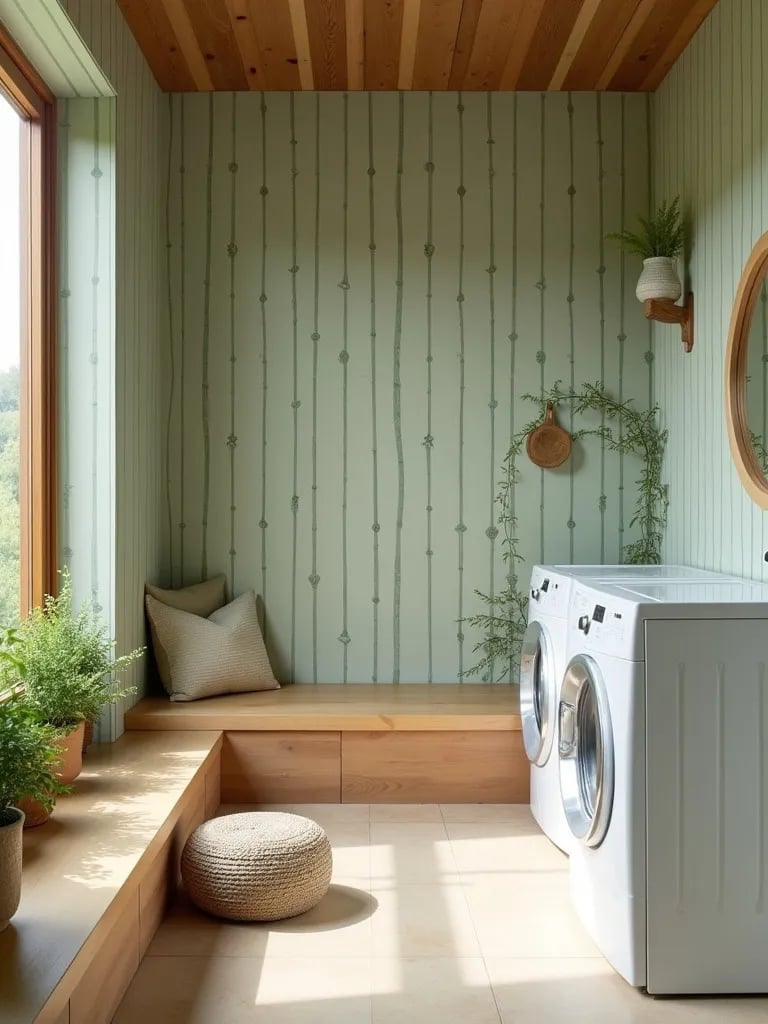 Calming laundry room featuring bamboo patterned wallpaper and zen inspired elements