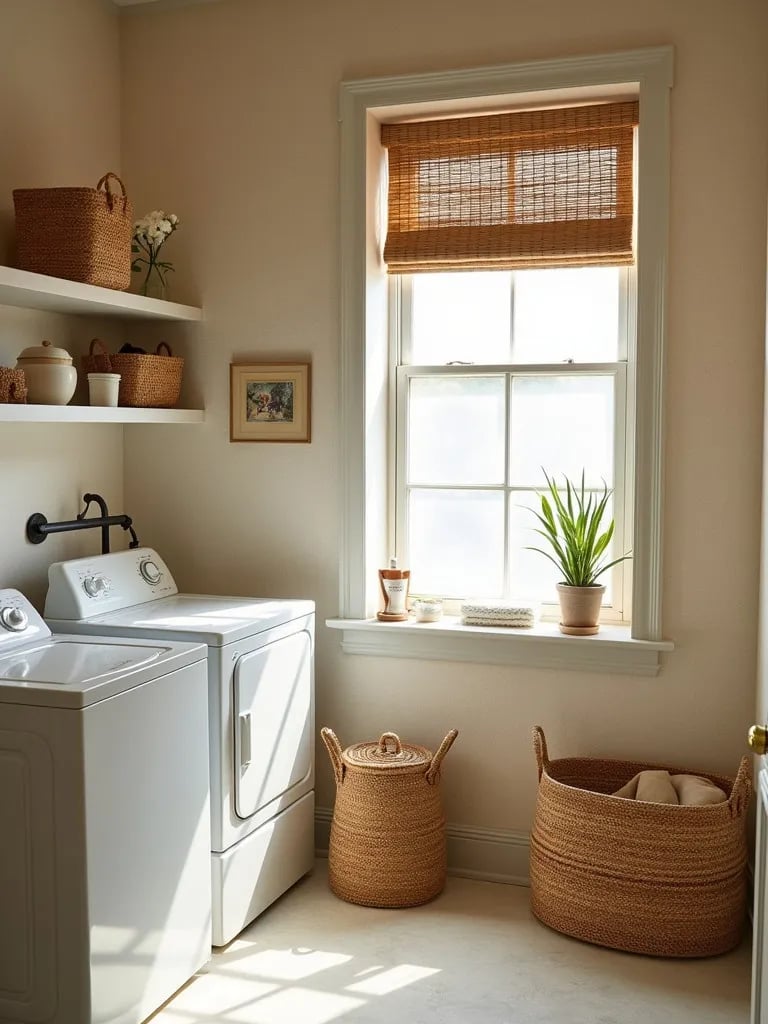 Calming laundry space featuring grasscloth wallpaper and bamboo accents