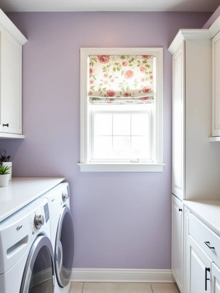 Calming lavender laundry room with floral Roman shade and white accents