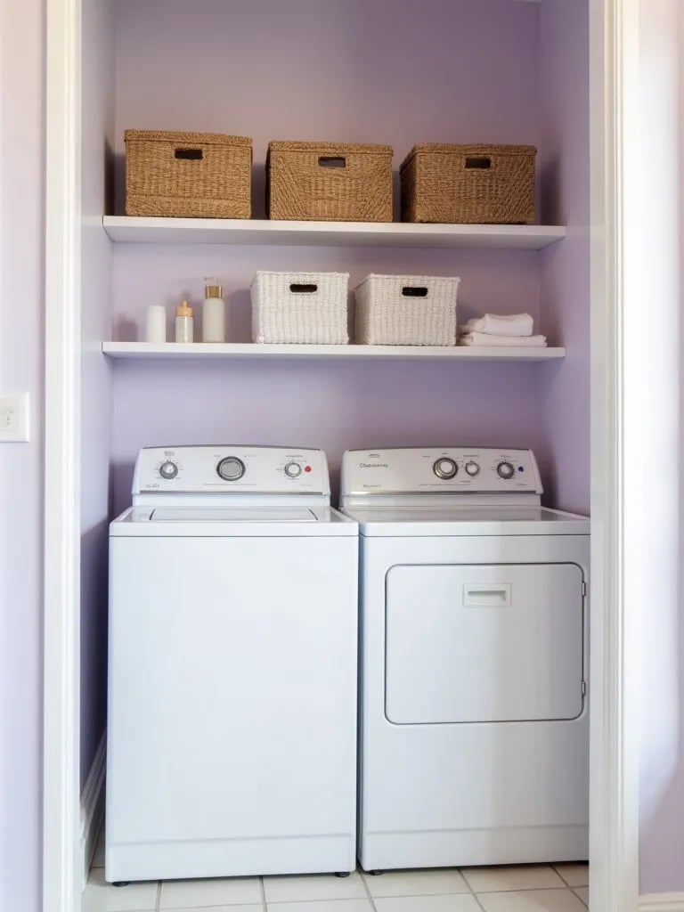 Calming lavender laundry room with organized layout and woven baskets