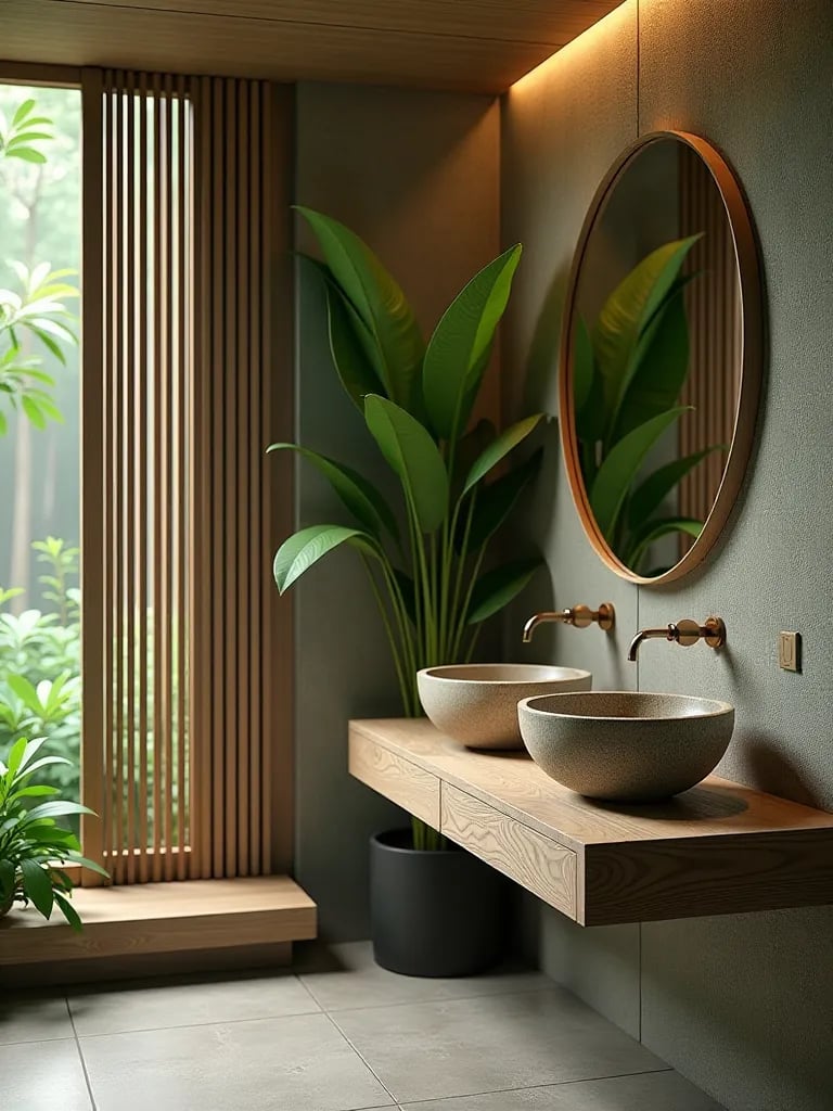 Calming zen bathroom featuring floating bamboo vanity and lush plant wall