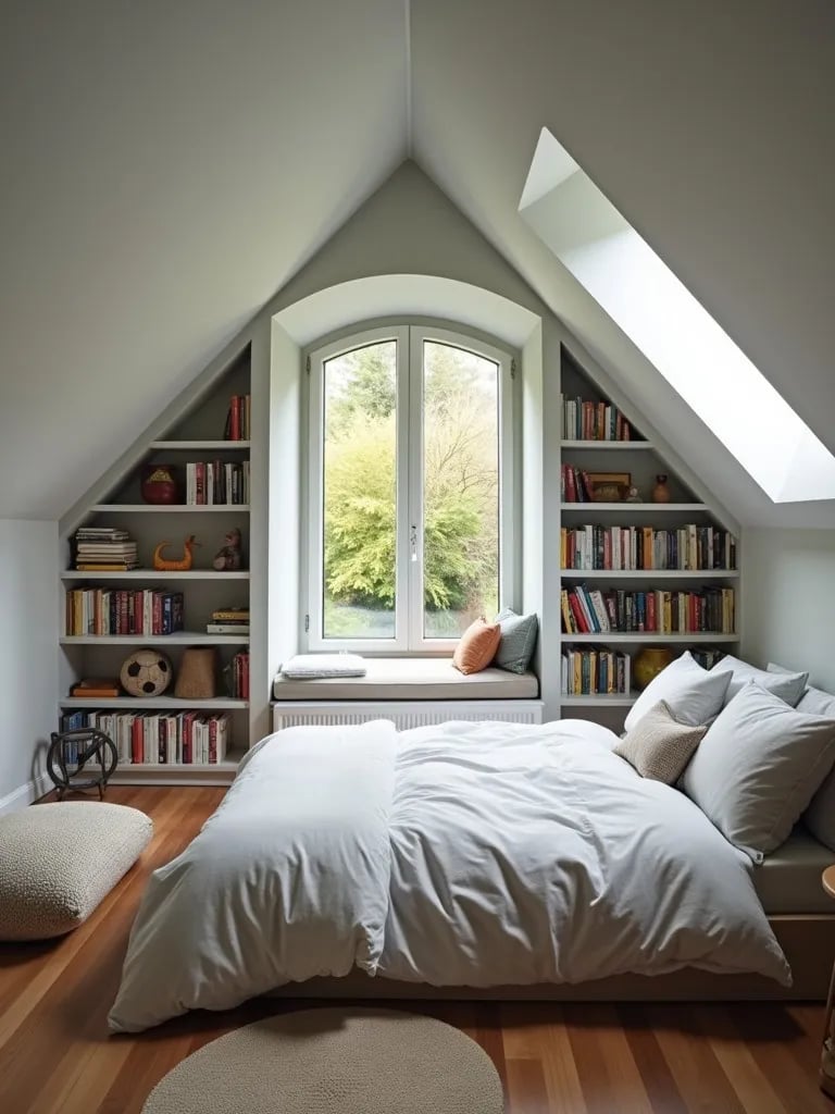Charming attic bedroom with light gray semi gloss walls and window seat
