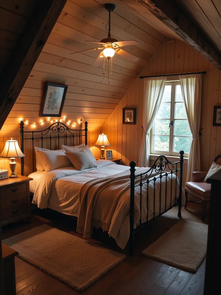 Charming attic bedroom with vintage furniture and warm lighting