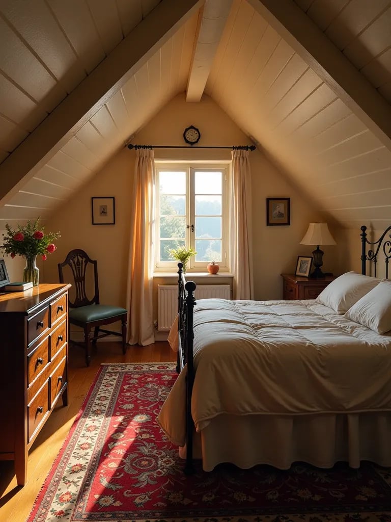 Charming attic bedroom with wrought iron bed and vintage furniture