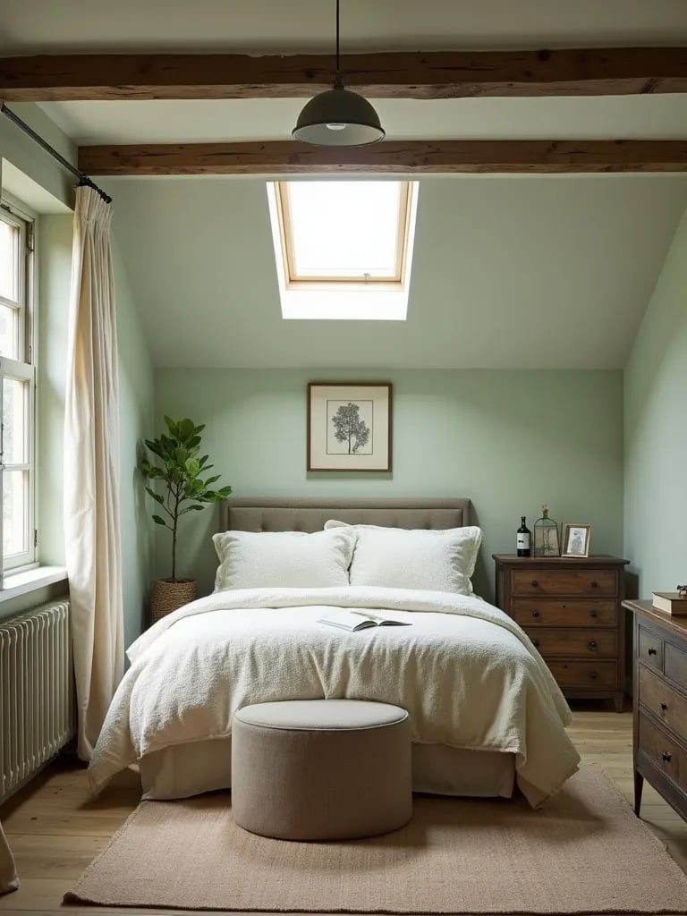 Charming bedroom with sage green eggshell walls and vintage furniture