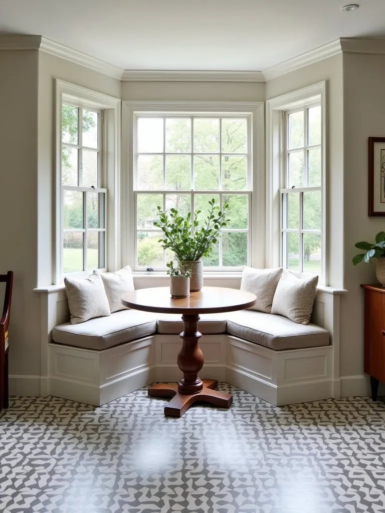 Charming dining area showcasing removable geometric tile flooring