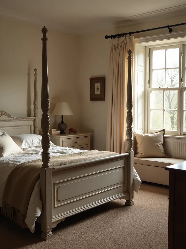 Charming farmhouse bedroom with antique furniture and soft lighting
