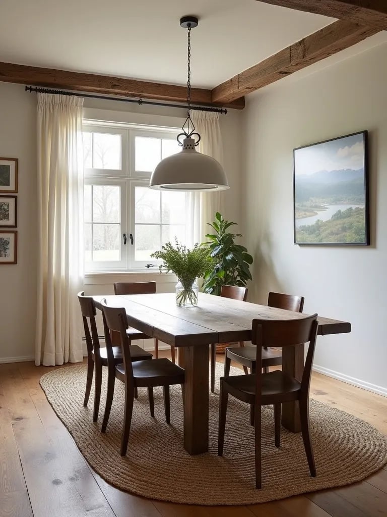 Charming farmhouse dining room with reclaimed wood floors and jute rug