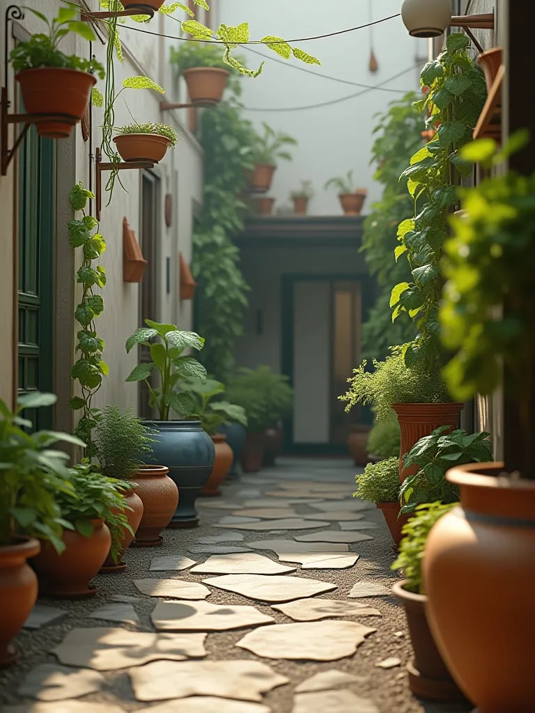 Charming garden with vertical structures and pots of climbing vegetables