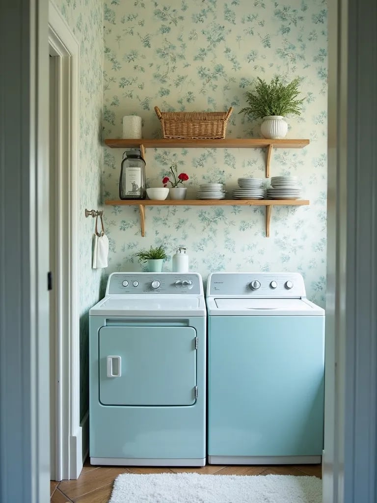 Charming laundry area featuring delicate floral wallpaper and porcelain sink