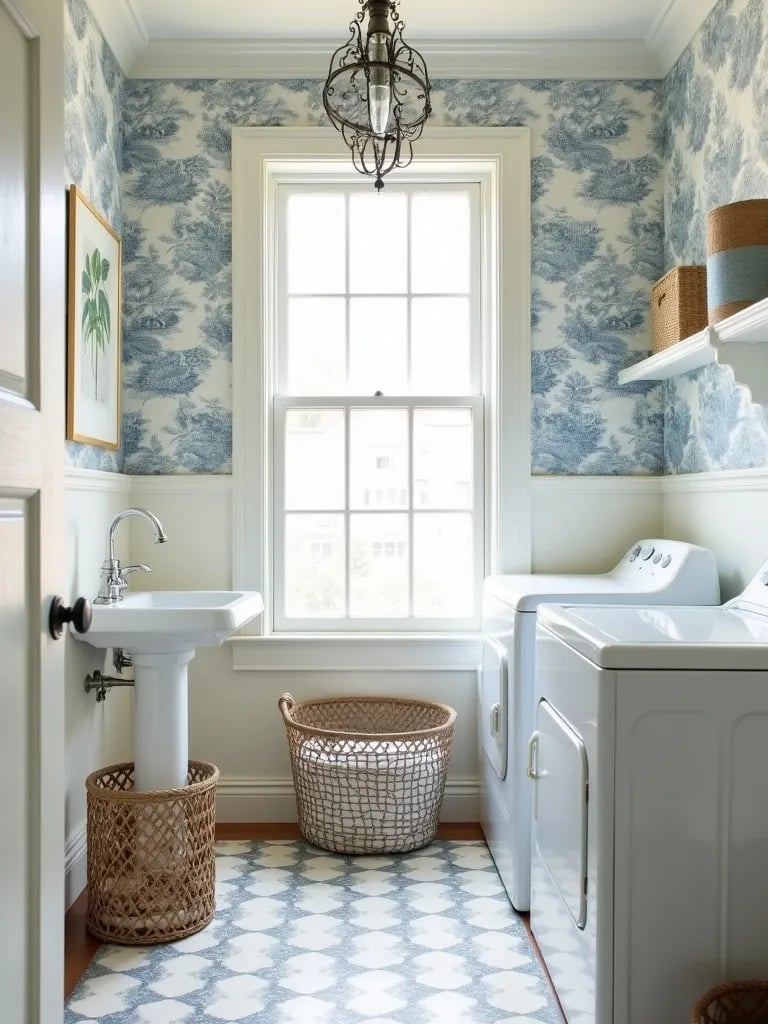 Charming laundry area featuring delicate toile wallpaper and vintage inspired decor